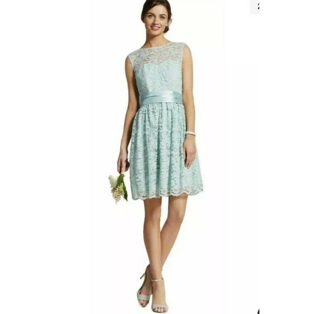 Tevolio Scalloped Lace Illusion Dress Womens 4 Seafoam Green Sleeveless Tie Belt